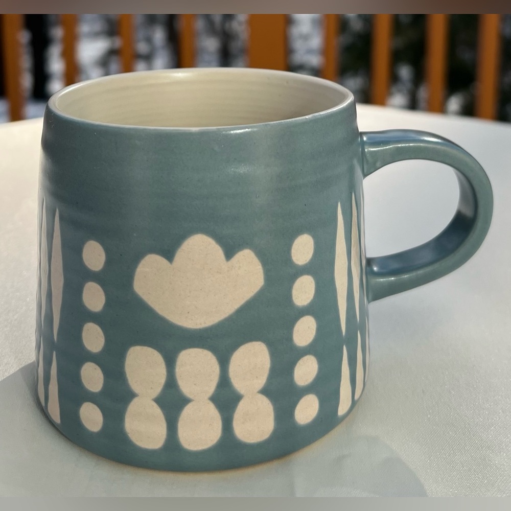 Danica Studio White Abstract Collage Imprint on Stone Blue Mug 14 Oz Ceramic